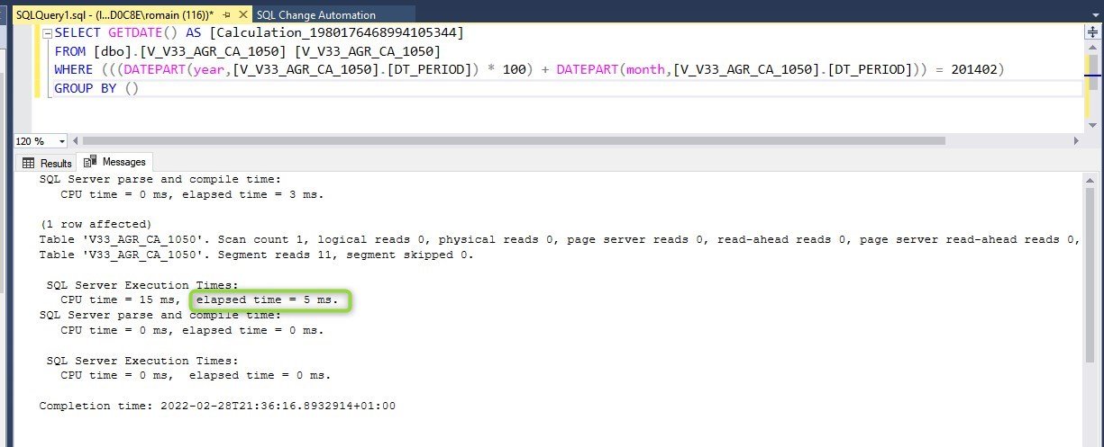 mssql 2017+ elapsed time for select getdate() from agg_sales