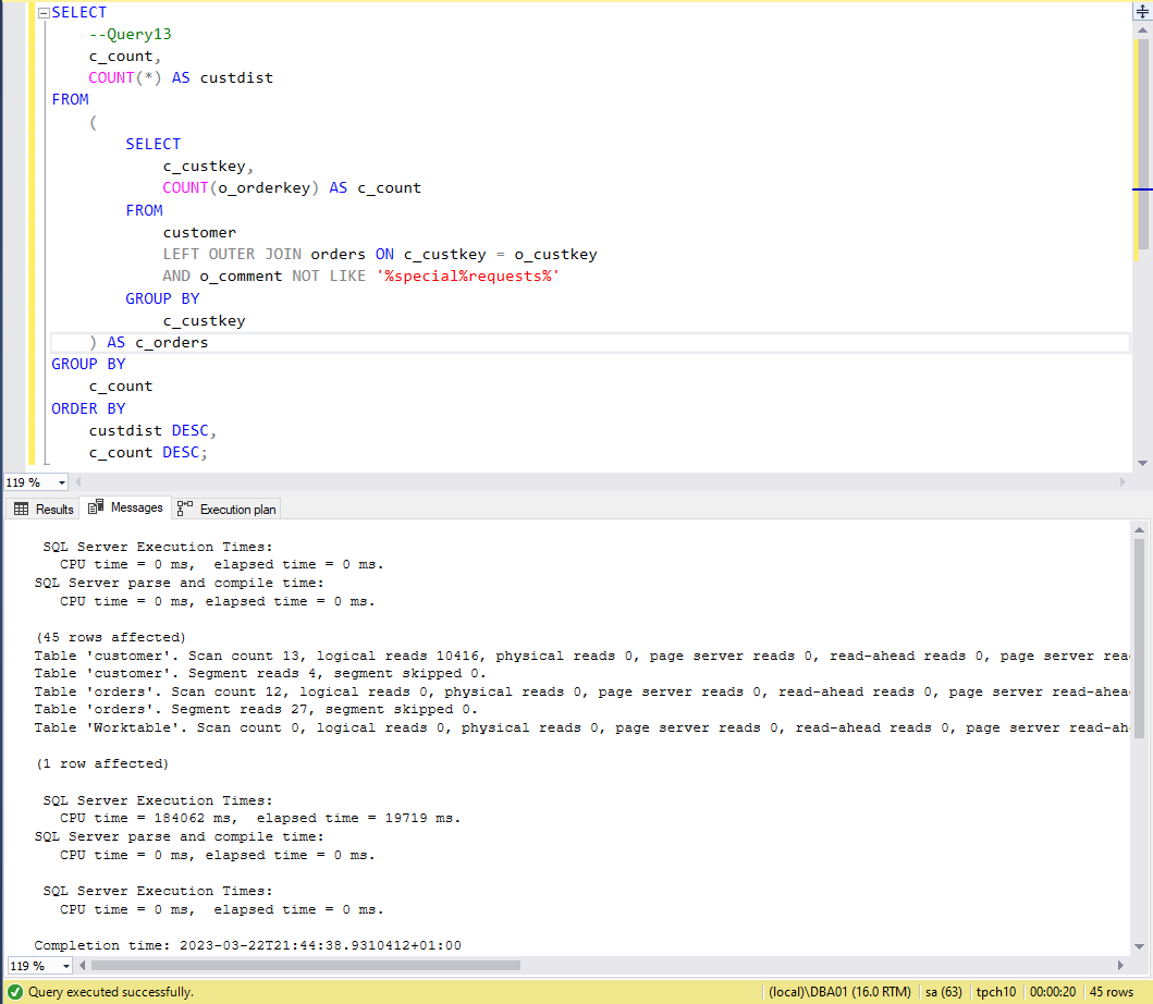 TPCH Query 13 on SQL Server 2022 without any tuning
