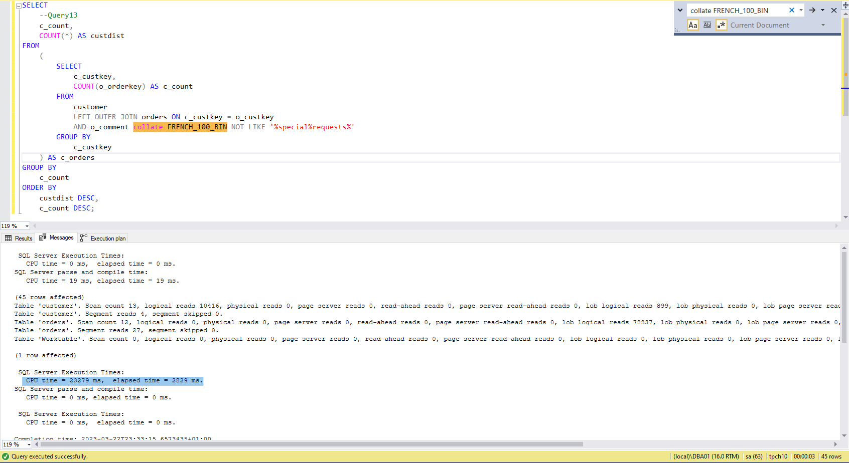TPCH Query 13 MSSQL using a COLLATE with Binary collation