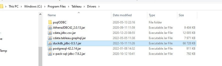 duckdb jdbc jar drivers and the drivers directory of tableau
