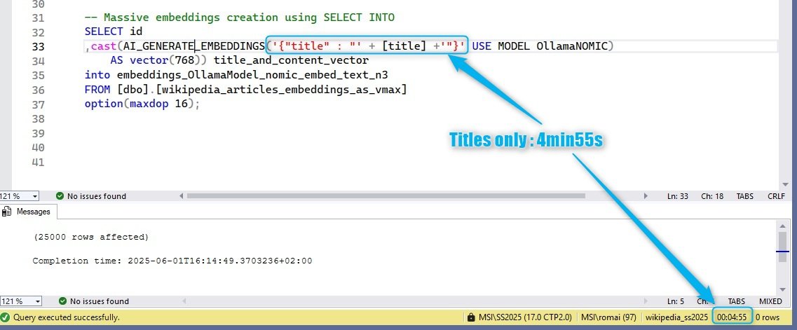 Sql Server AI_GENERATE_EMBEDDINGS in parallel using a SELECT INTO