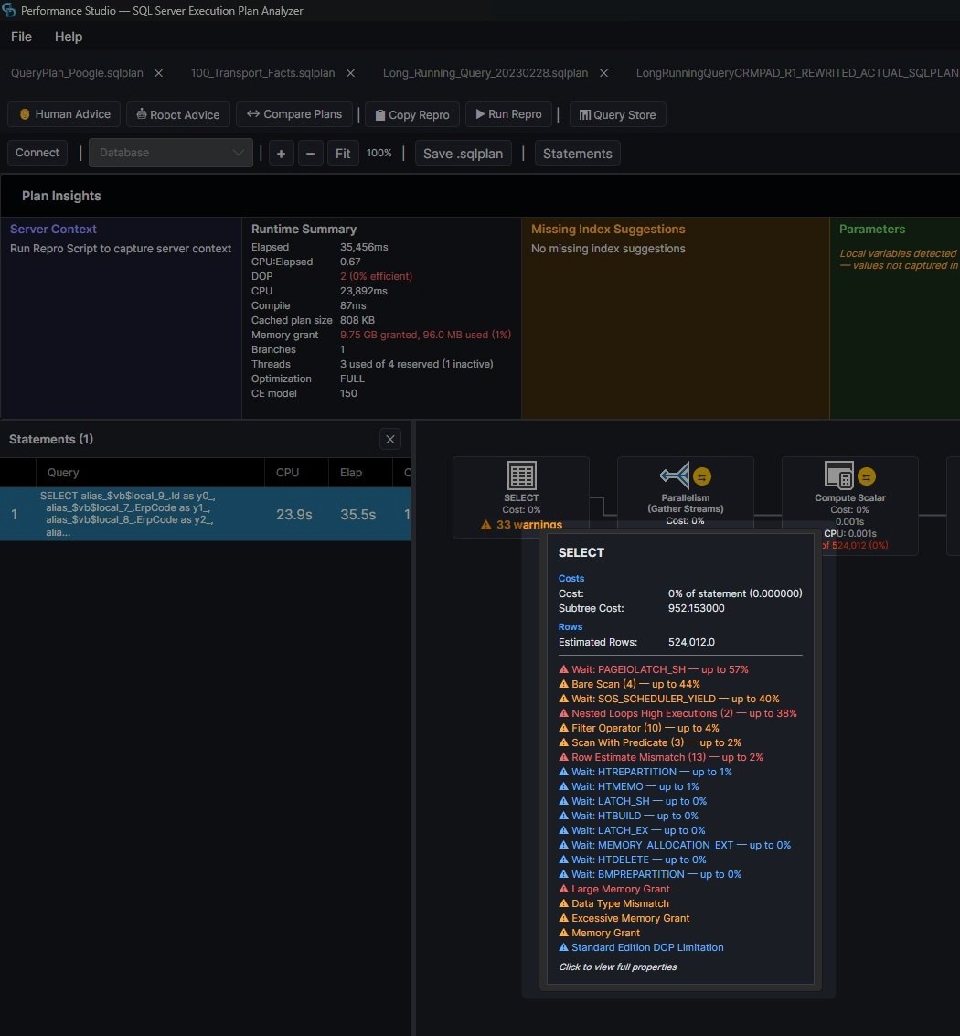 PerformanceStudio plan analysis