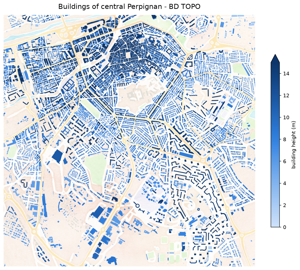 Buildings of central Perpignan colored by height