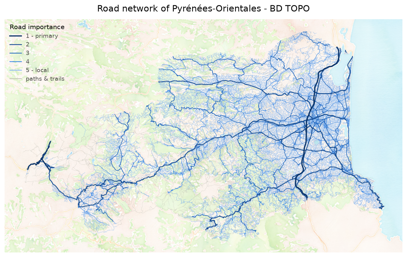 Road network of Pyrénées-Orientales colored by BD TOPO importance